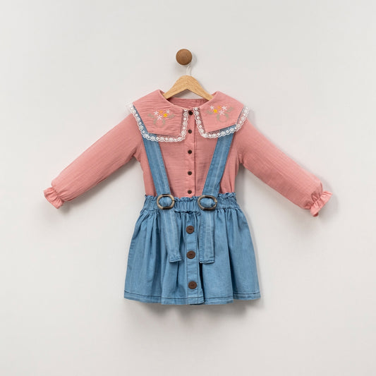 Ensemble fille 2 pièces – Robe salopette en jean & chemisier
