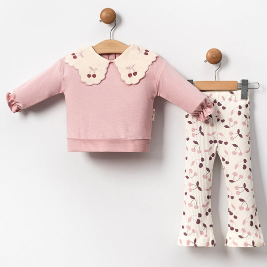 Ensemble fille 2 pièces – Col Claudine & imprimé cerise