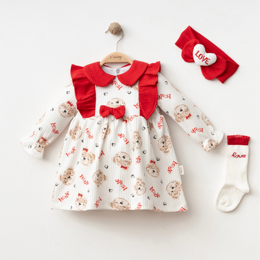 Robe bébé imprimé oursons et cœurs avec bandeau et chaussettes – Ensemble 3 pièces