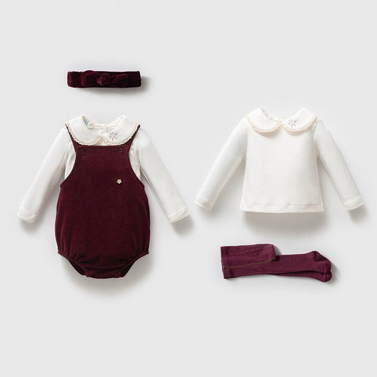 Coffret cadeau fille 4 pièces coton – Salopette, pull, bandeau, collant