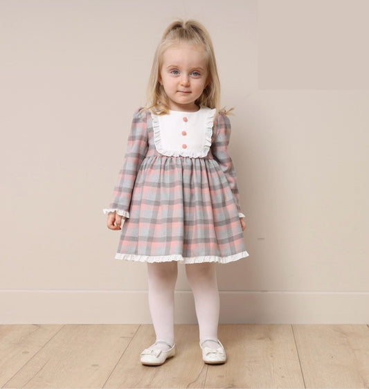 Robe fille à carreaux – Plastron blanc & finitions dentelle