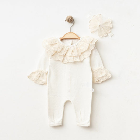 Grenouillère écrue/beige bébé fille en dentelle avec un bandeau assorti