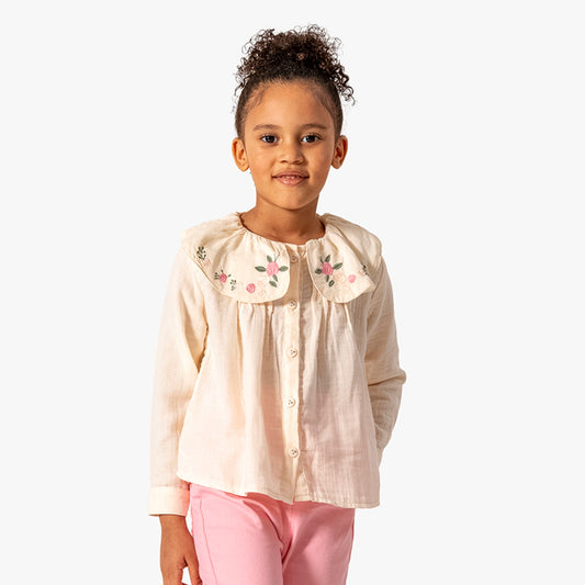 Blouse beige col Claudine fleuri fille – Manches longues