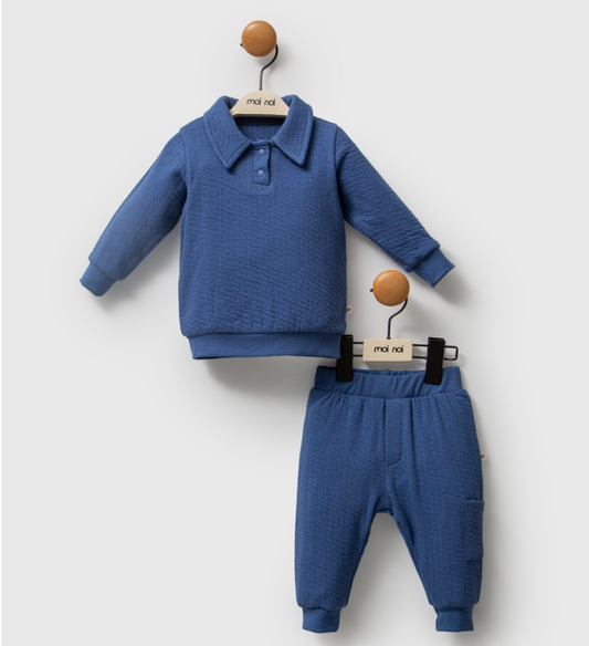 Ensemble bébé garçon 2 pièces – Haut col polo & pantalon en coton texturé