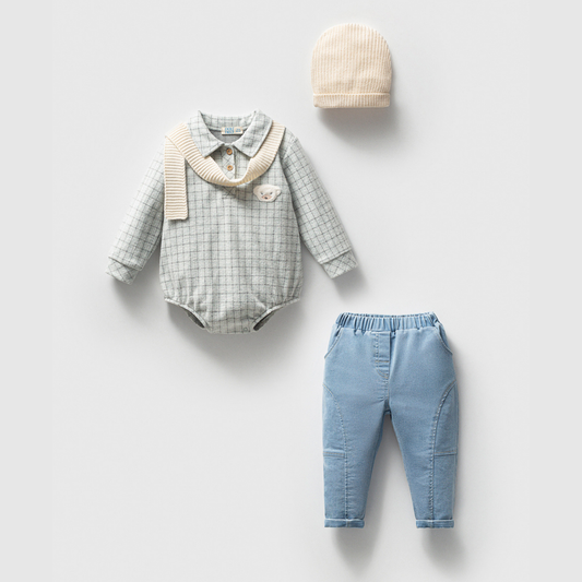 Ensemble bébé garçon 4 pièces en coton – Body, pantalon et bonnet
