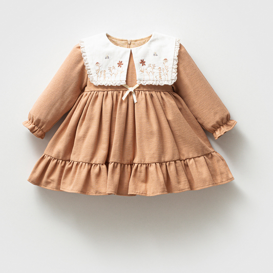Robe bébé fille coton à col brodé – Camel