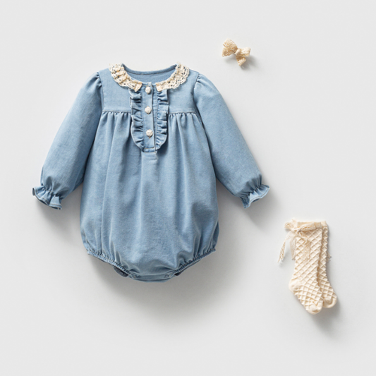 Body bébé fille effet jean avec chaussettes et noeud