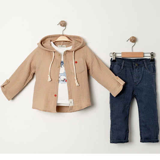 Ensemble garçon 3 pièces – T-shirt, chemise mousseline & jean