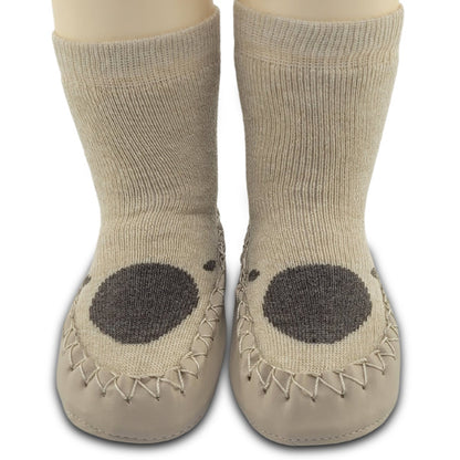 Chaussons-chaussettes antidérapants enfant – Coton souple – couleur Beige motif – vue 1