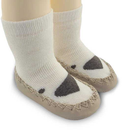 Chaussons-chaussettes antidérapants enfant – Coton souple – couleur Blanc motif – vue 1