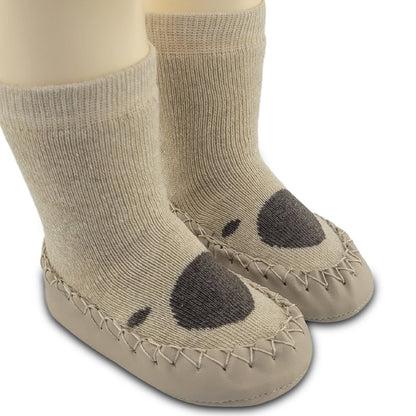 Chaussons-chaussettes antidérapants enfant – Coton souple – couleur Beige motif – vue 2