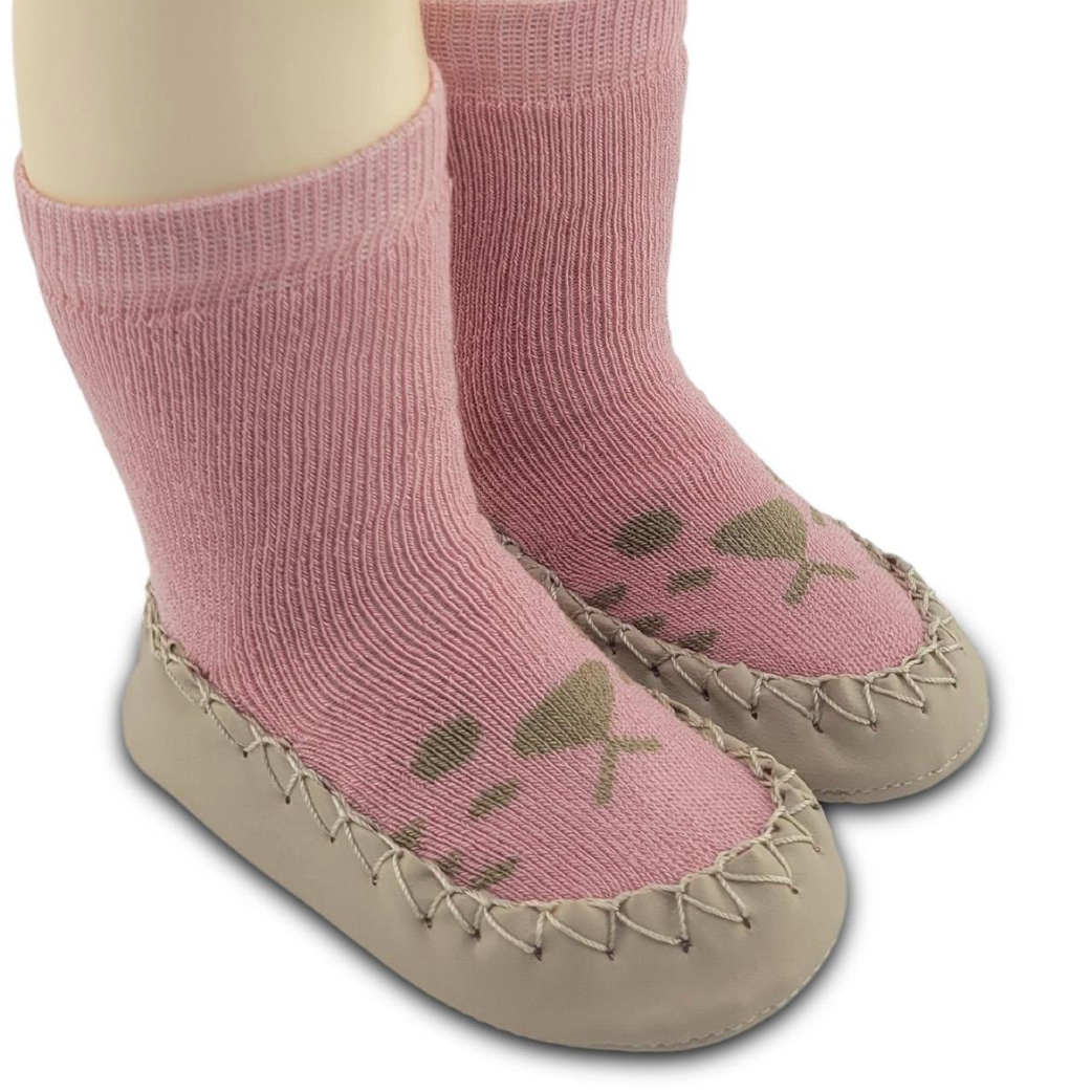 Chaussons-chaussettes antidérapants enfant – Coton souple – couleur Rose motif – vue 2