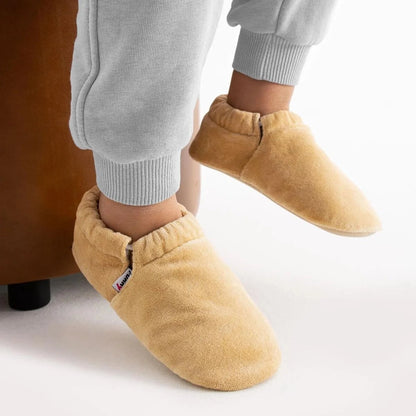 Chaussons physiologiques enfant en velours – Élastiqués – couleur velours beige élastique – vue 1
