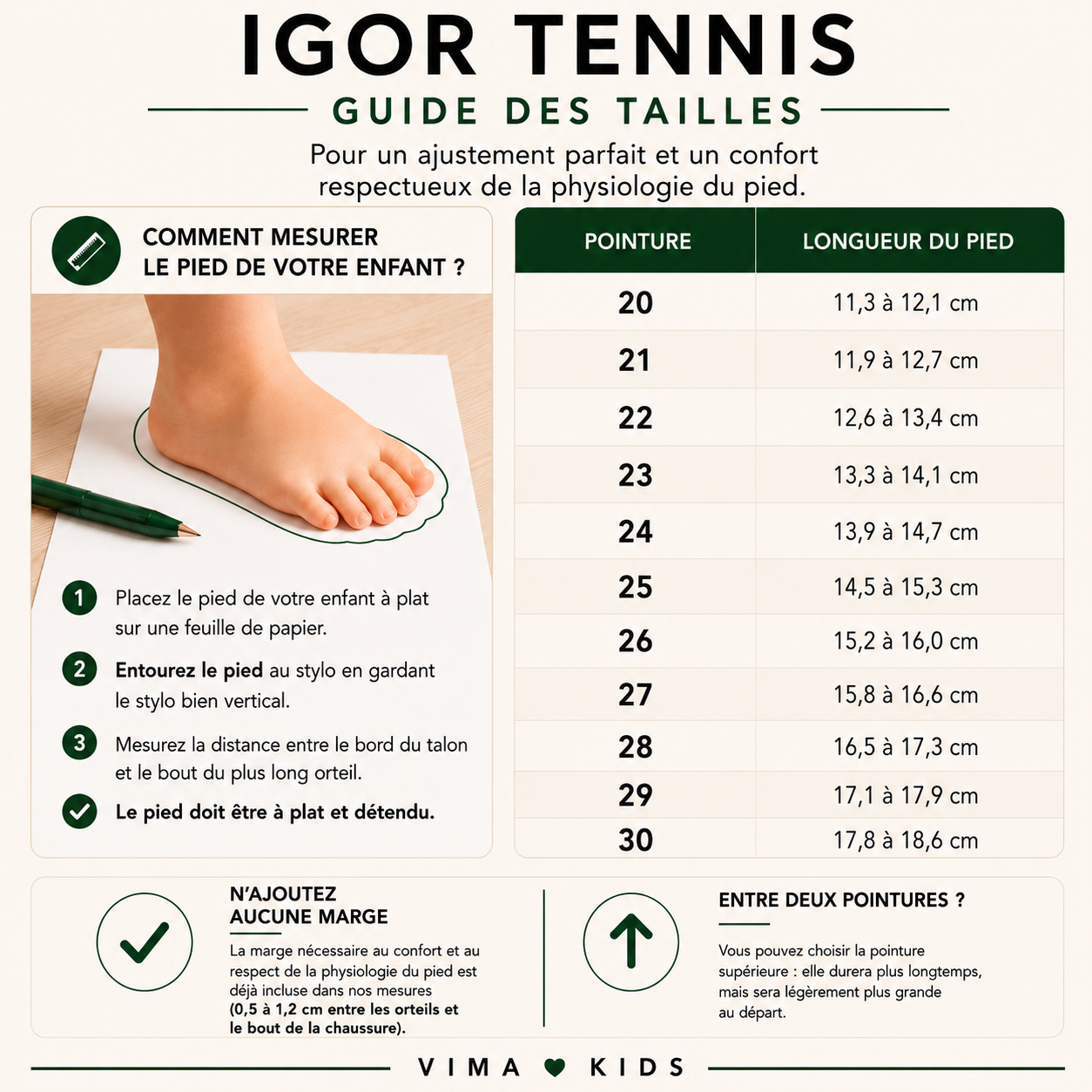 Guide des tailles des baskets barefoot enfant IGOR Tennis du 20 au 30