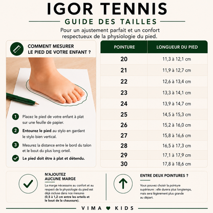 Guide des tailles des baskets barefoot enfant IGOR Tennis du 20 au 30
