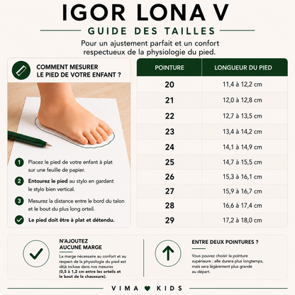 Guide des tailles IGOR Lona V du 20 au 29