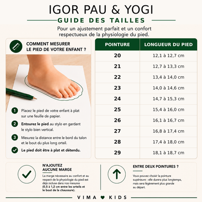 Guide des tailles des bottes barefoot enfant IGOR PAU et YOGI Borreguito du 20 au 29