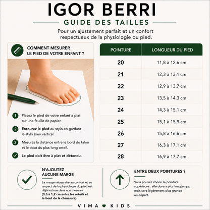 Guide des tailles – Sandales barefoot enfant IGOR Berri Wide – Pieds larges