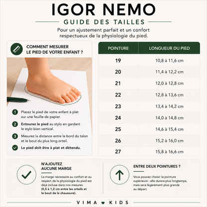 Guide des tailles – Sandales barefoot enfant IGOR Nemo – Plage et piscine