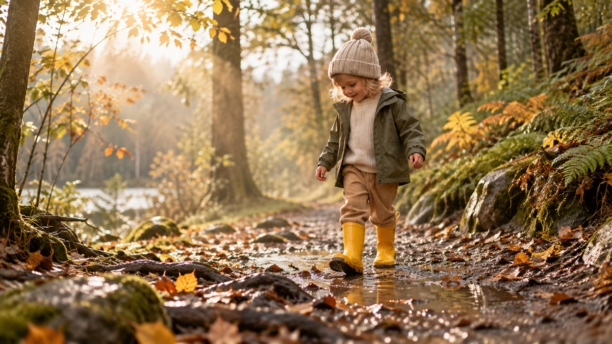 Enfant en bottes de pluie barefoot jaunes dans une forêt d’automne lumineuse