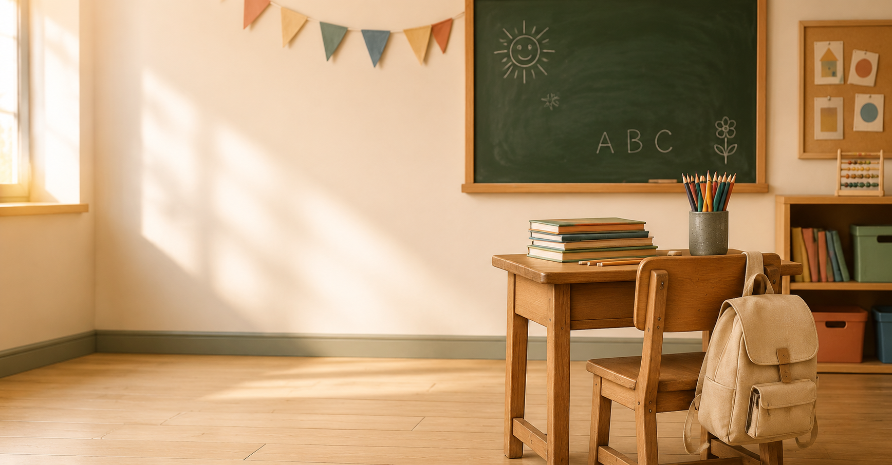 Ambiance de rentrée dans une salle de classe avec bureau, cartable, cahiers et crayons